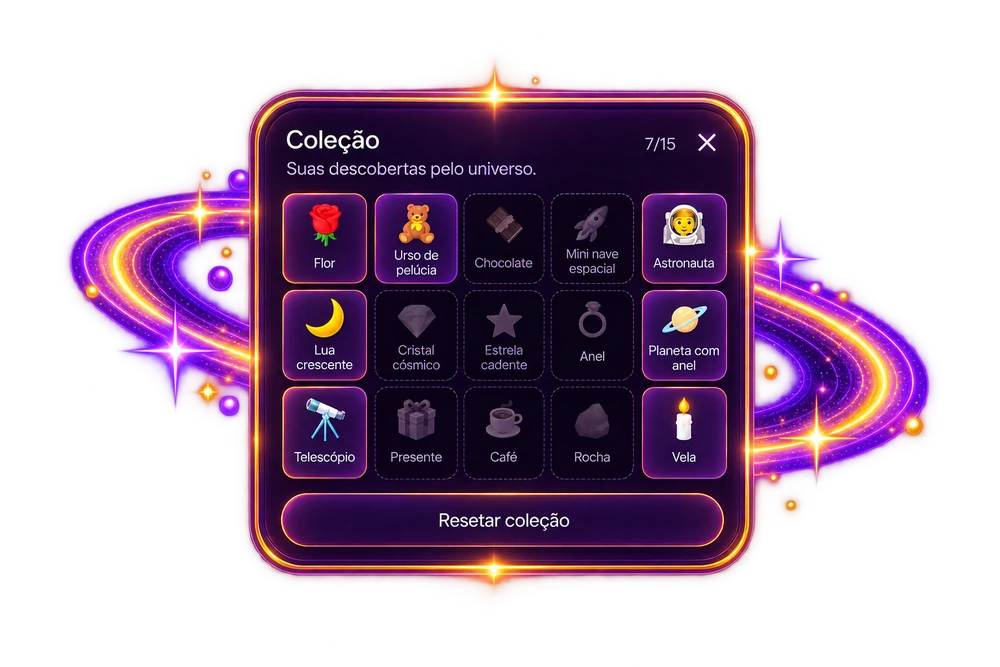 Painel da coleção espacial com itens descobertos pelo universo